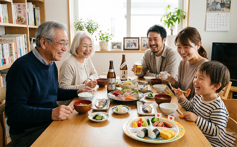 三世代家族がダイニングテーブルを囲む退職祝いの食事風景