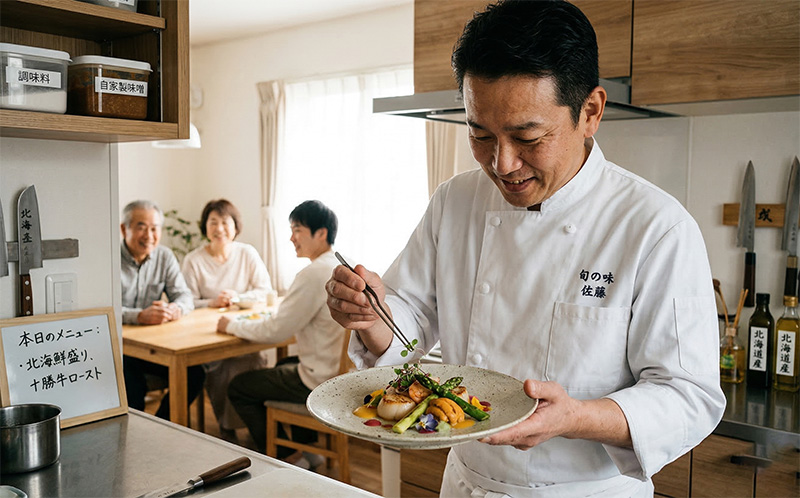 自宅キッチンで出張シェフが料理を仕上げ背景に待つ家族