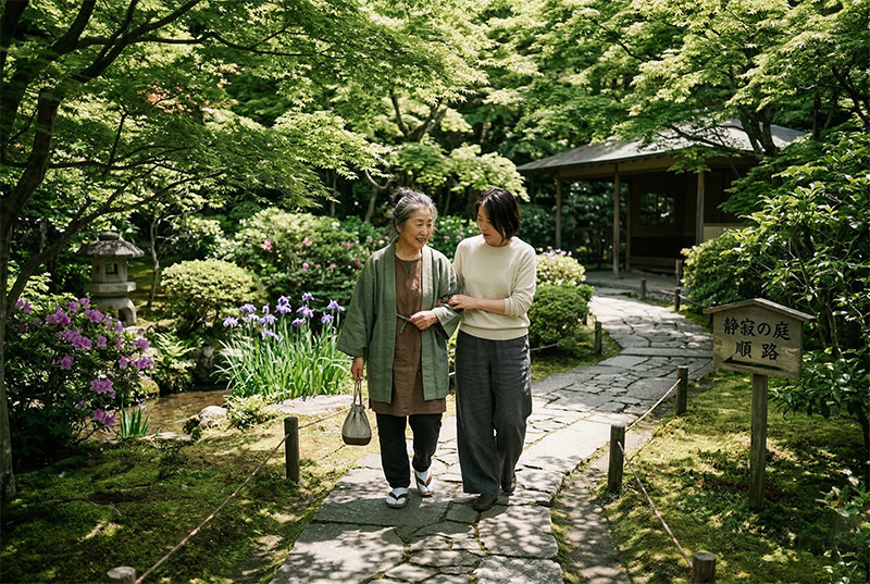 日本庭園の石畳を散歩する高齢女性と娘