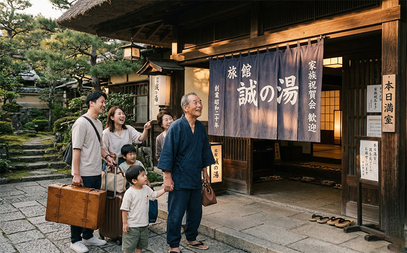 旅館の暖簾と玄関に到着する60代男性と家族