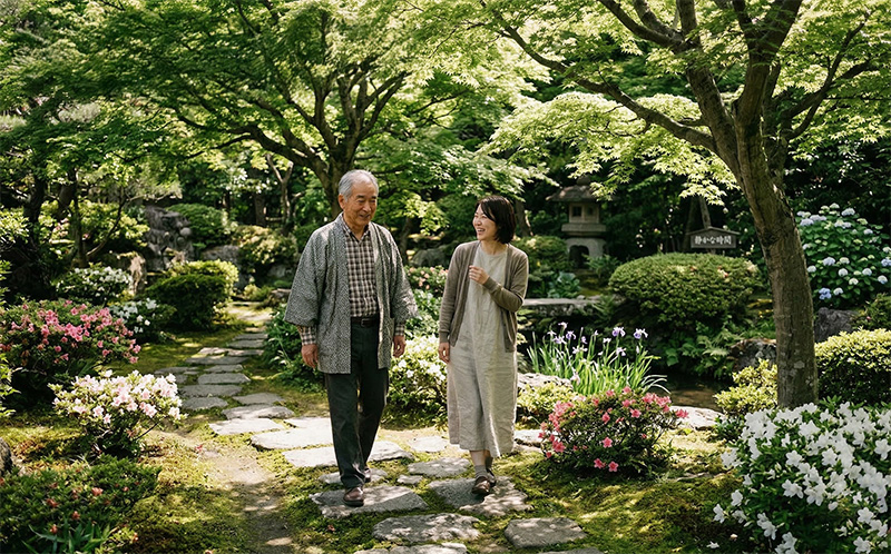 日本庭園の石畳を退職した60代男性と家族が散歩する風景