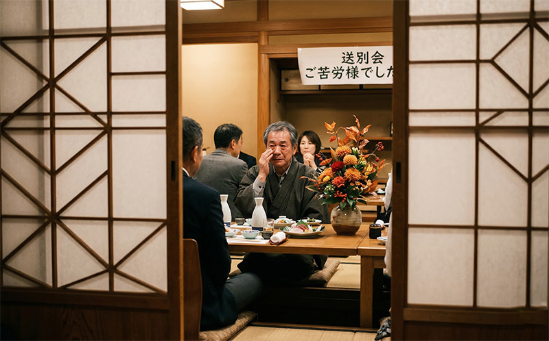 障子越しに見える退職送別会で涙を拭く60代男性と花のアレンジメント