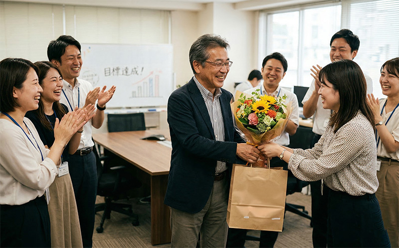 オフィスで花束とギフトの紙袋を受け取り笑顔の退職者
