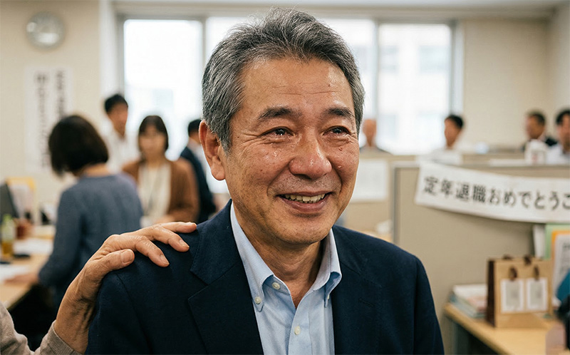 退職送別会で感動の涙を浮かべる60代男性のポートレート
