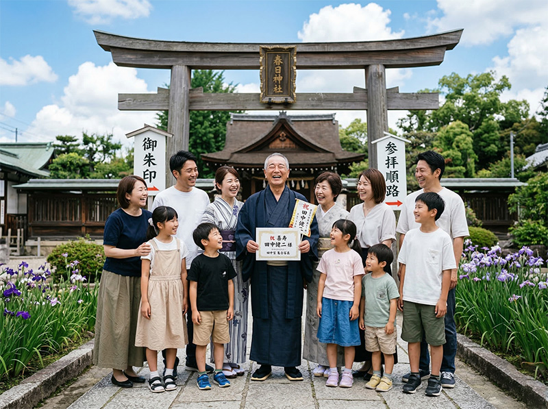 神社の前で三世代家族が集合写真を撮る古希祝いの一場面