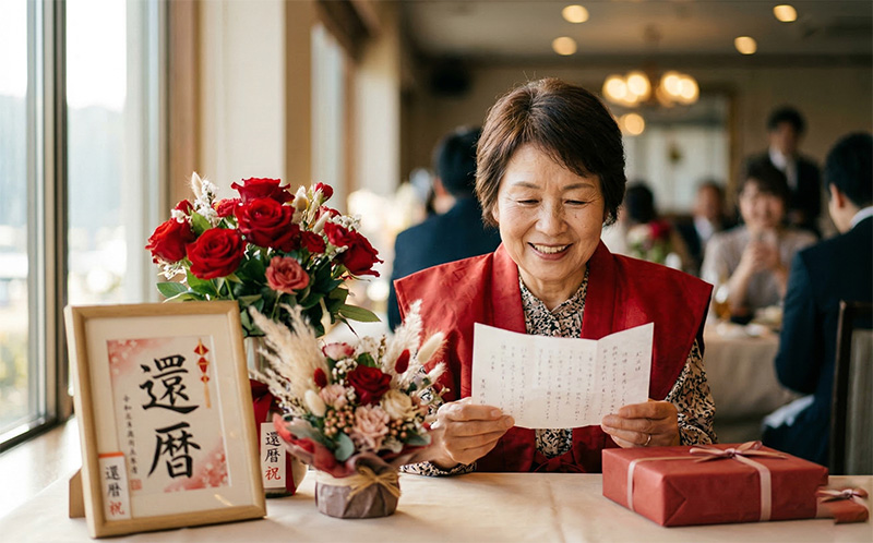 赤いちゃんちゃんこ姿で手紙を読む還暦祝いの60歳女性