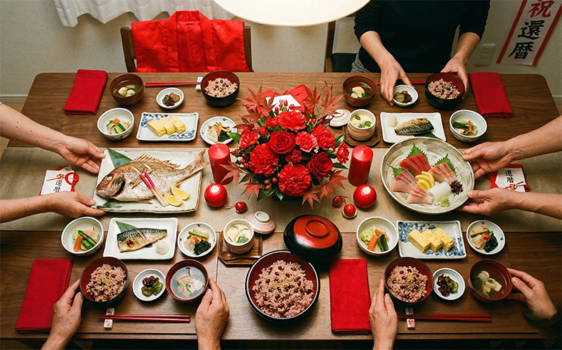 還暦祝いの懐石料理が並ぶテーブルを俯瞰で見た赤い花のセンターピース