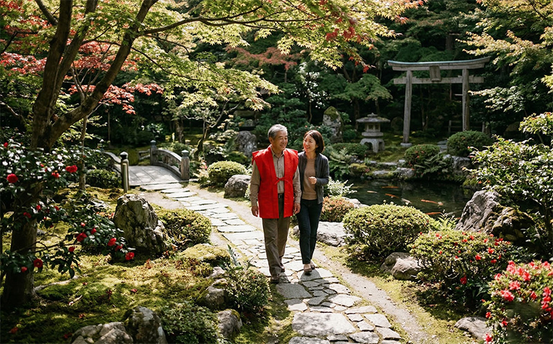 日本庭園の石畳を赤いジャケットの60歳男性と家族が散歩する風景