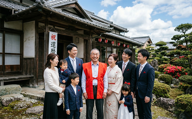 和風建物の前で赤いちゃんちゃんこの60歳男性を囲む三世代家族写真