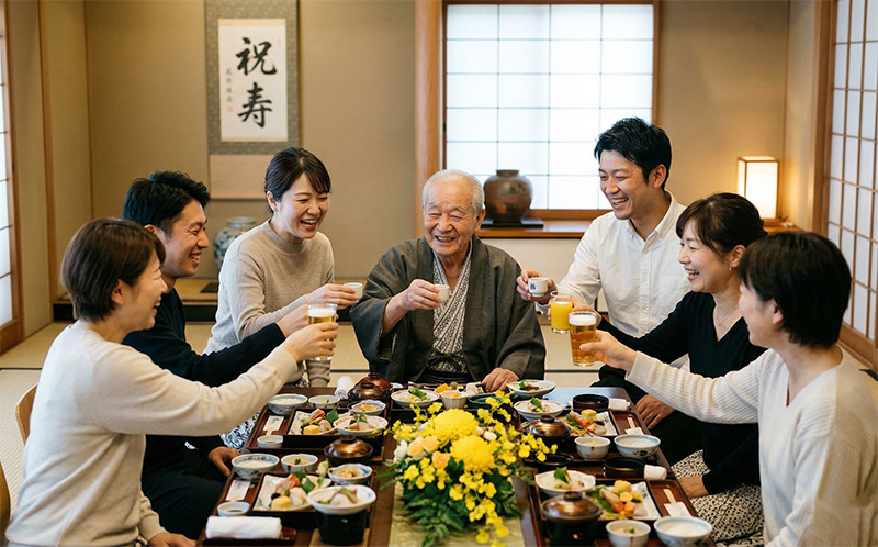料亭個室で8人家族が長寿祝いの乾杯をする場面