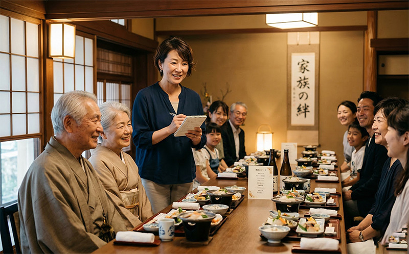 長寿祝いの宴席でMCとしてスピーチする40代女性