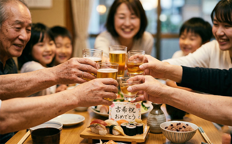 長寿祝いの乾杯でグラスが中央に集まる瞬間の接写