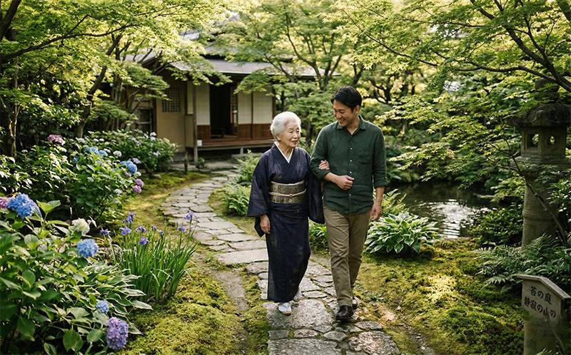 日本庭園の石畳を高齢女性と家族がゆっくり散歩する風景