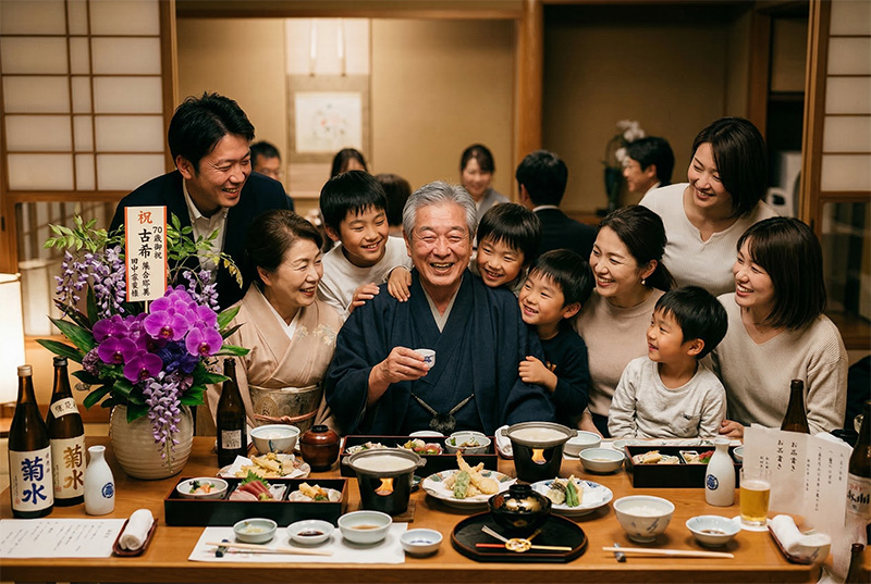 古希祝いのディナーで和室に集う大家族と紫の胡蝶蘭