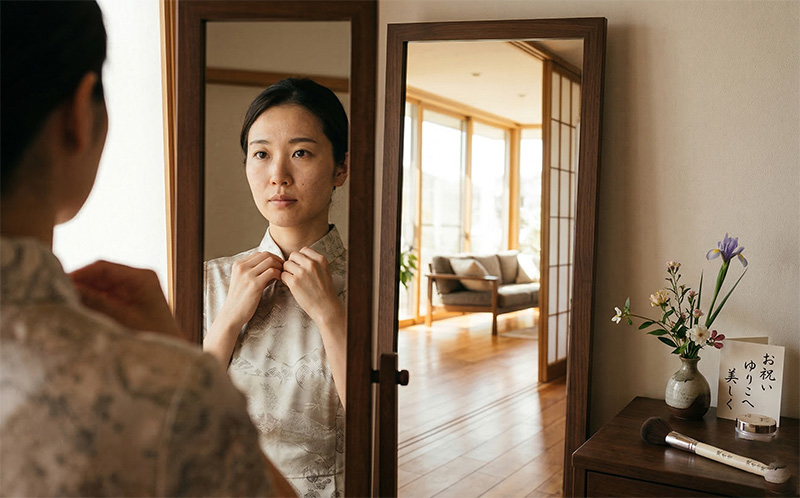 全身鏡の前で祝いの席に着ていく服装を整える女性