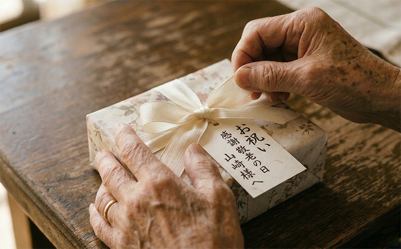 長寿祝いのギフトのリボンを丁寧にほどく高齢者の手元
