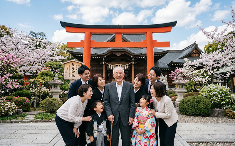 神社の赤い鳥居前で三世代家族が長寿祝いの集合写真