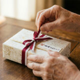 長寿祝いのギフトのリボンを丁寧にほどく高齢者の手元