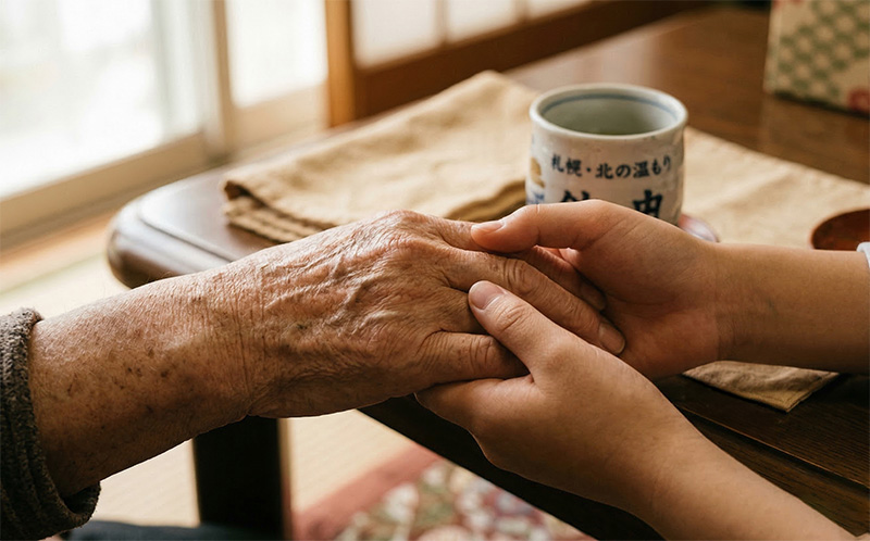 高齢者の皺のある手と孫の小さな手が優しく重なる