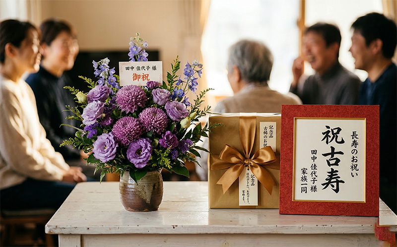 テーマカラーを取り入れた長寿祝いギフトの紫花と金茶リボンの贈り物