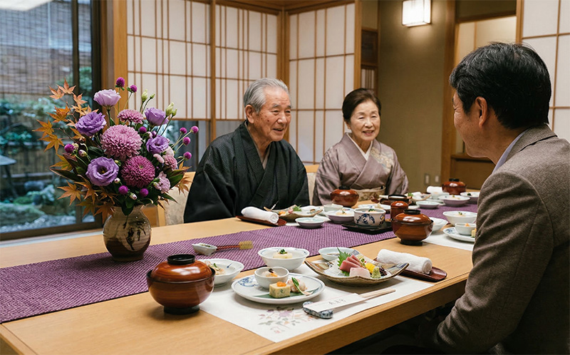 紫のテーブルランナーと花で彩られた長寿祝いの懐石料理テーブル