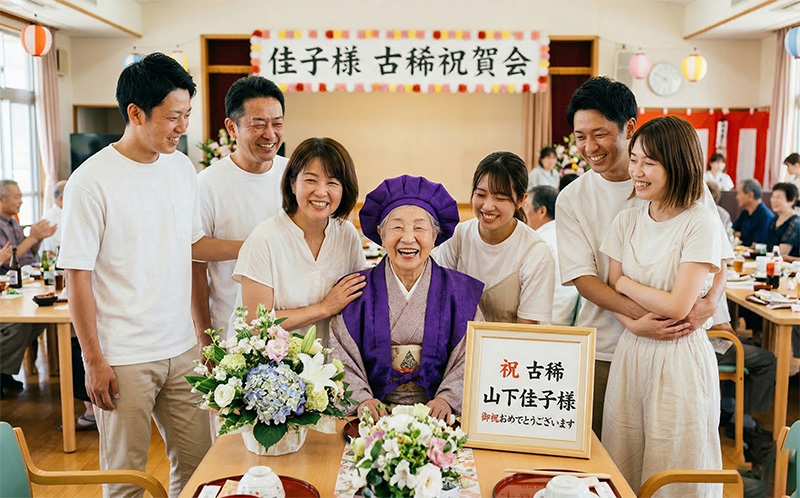 紫のストールの高齢女性を中央に白とベージュの家族が並ぶ記念写真