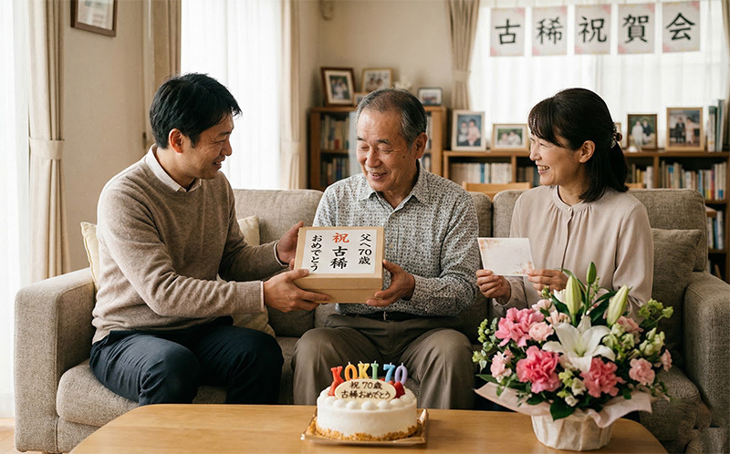 リビングのソファで息子と娘からギフトを受け取る70代の父