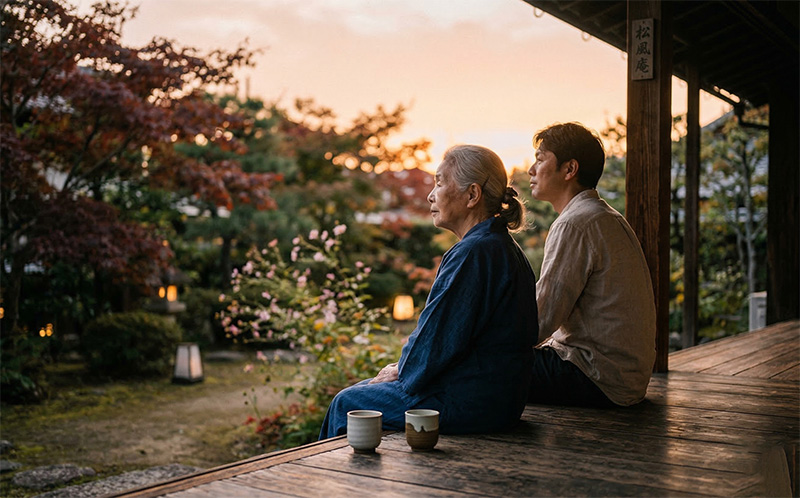 縁側で夕暮れの庭を眺めながらお茶を楽しむ高齢女性と家族