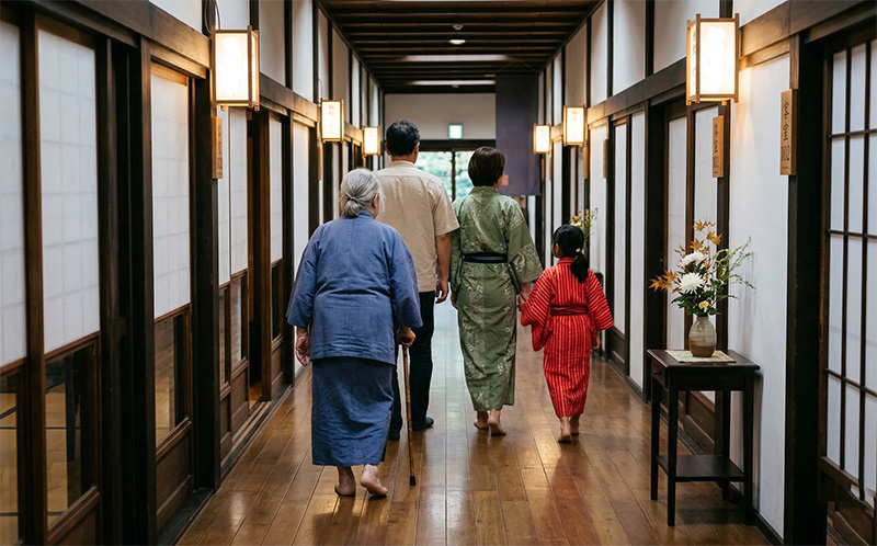 旅館の木造廊下を高齢の家族と一緒に歩く後ろ姿
