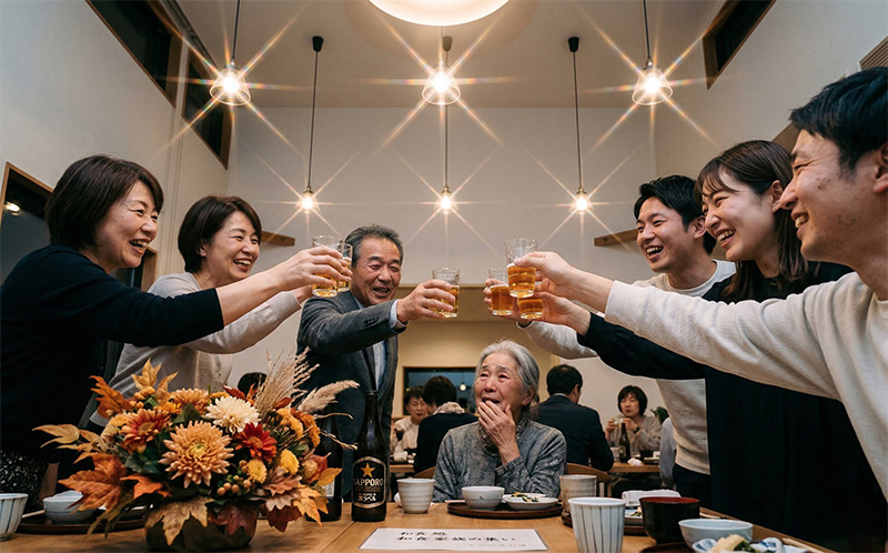 低角度から見た長寿祝いの乾杯シーンとペンダントライトの光芒