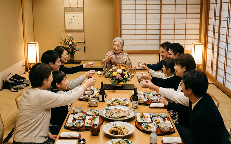 料亭個室で80代女性を囲む三世代10人家族の長寿祝い乾杯