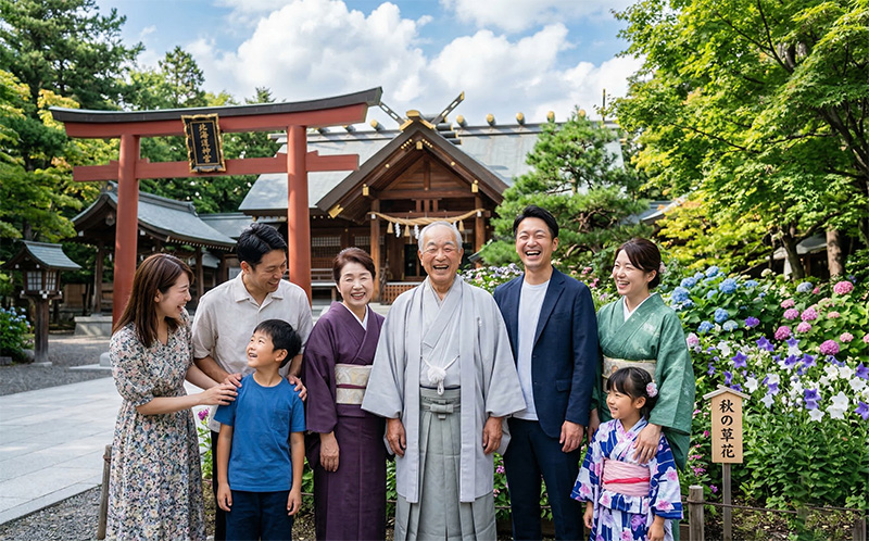 神社の赤い鳥居前で三世代家族が笑顔の集合写真