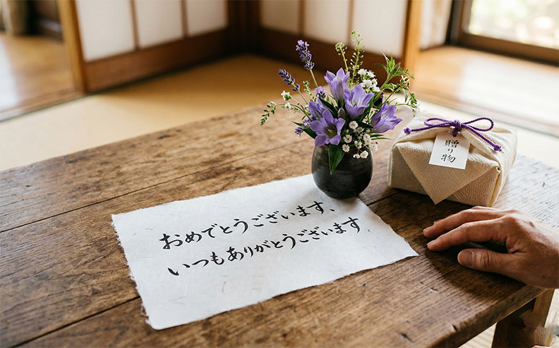 和紙に筆ペンで書かれた祝いの手紙と紫の花とギフト