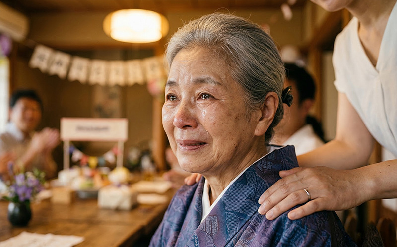 長寿祝いで感動の涙を浮かべる高齢女性のポートレート