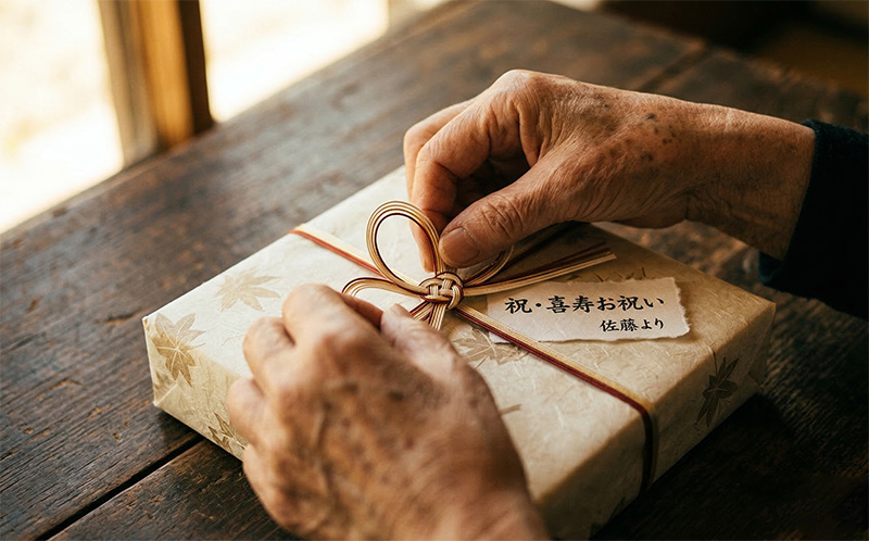 長寿祝いのギフトの水引をほどく高齢者の手元接写