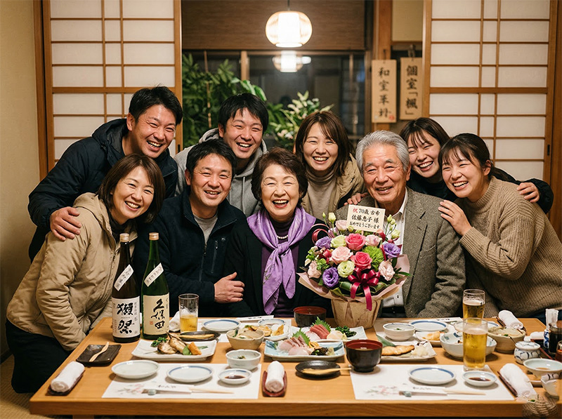古希祝いのディナーで紫のスカーフを身につけた女性と花束を囲む家族