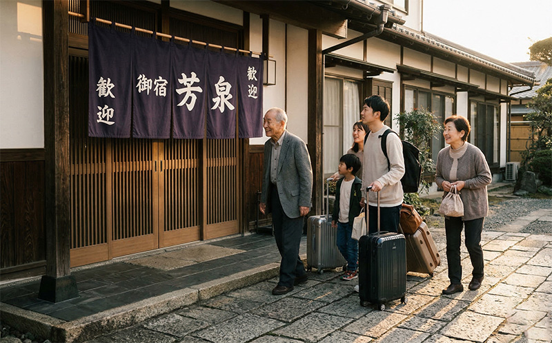 旅館の暖簾と玄関に到着する高齢者を含む家族