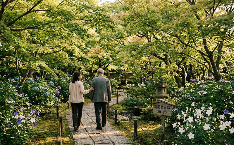 日本庭園の石畳を高齢男性と家族がゆっくり散歩する風景