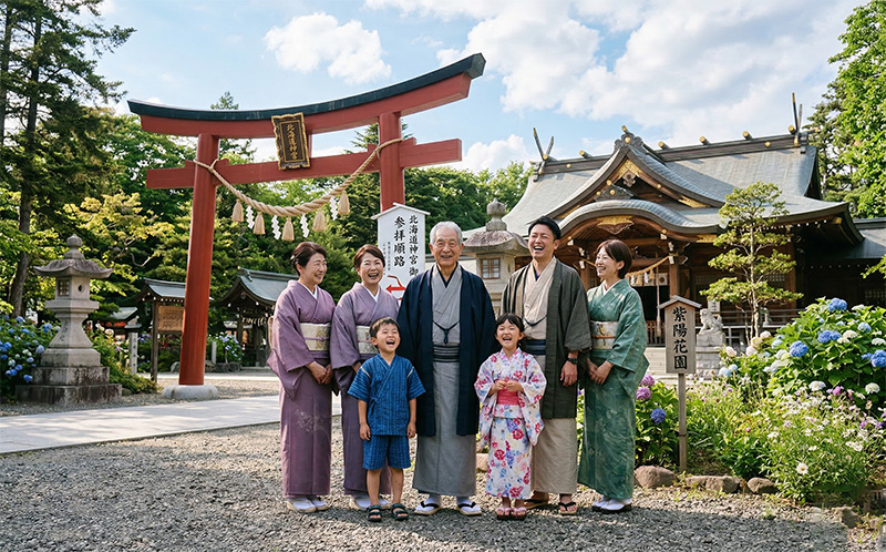神社の赤い鳥居前で三世代家族が長寿祝いの集合写真