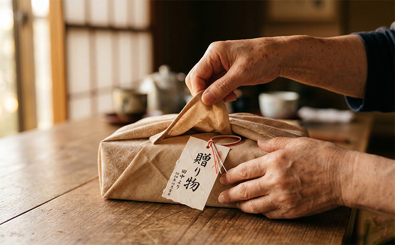 ベージュの和柄風呂敷でギフトを丁寧に包む手元