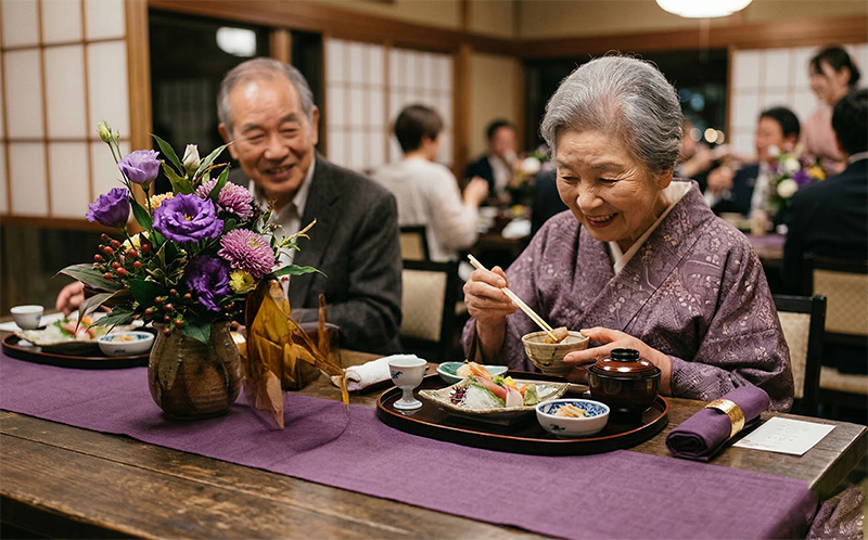 紫のテーブルランナーとリシアンサスで彩られた長寿祝い懐石テーブル