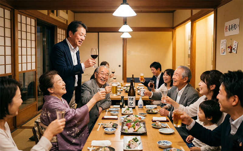 和室個室で立ち上がりスピーチする50代男性と乾杯する家族