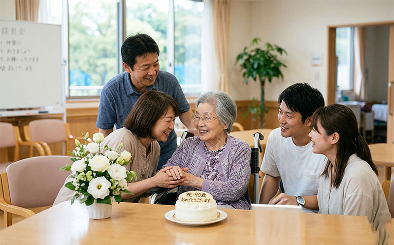 介護施設で車椅子の90代女性を囲む4人の家族とケーキと花