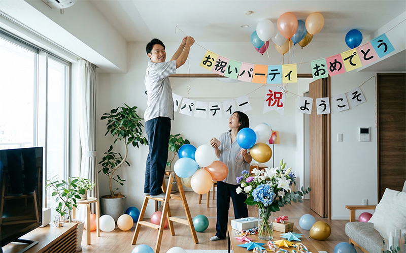 お祝いパーティーの飾り付けをするカップルとバルーン