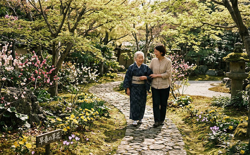 日本庭園の石畳を高齢女性と家族がゆっくり散歩する春の風景