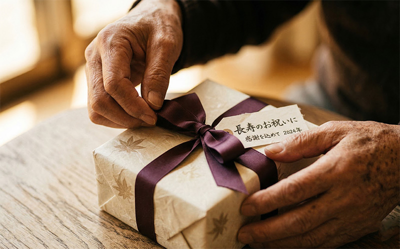 長寿祝いのギフトのリボンを丁寧にほどく高齢者の手元