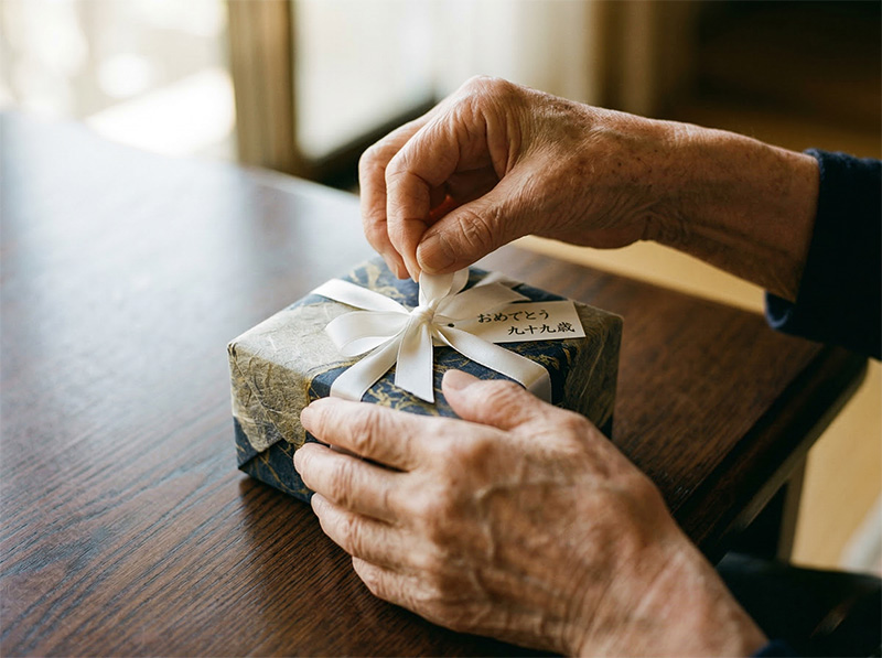 白いリボンのプレゼントを丁寧に開ける99歳の手元クローズアップ