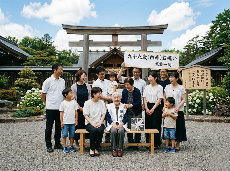 神社の前で白寿祝いの横断幕を掲げる三世代家族の集合写真