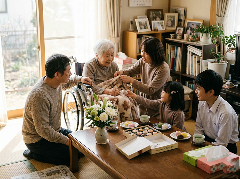 自宅リビングで車椅子の99歳女性を囲む家族と白い花や和菓子
