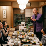 喜寿祝いの席で紫のちゃんちゃんこを着てスピーチする77歳男性